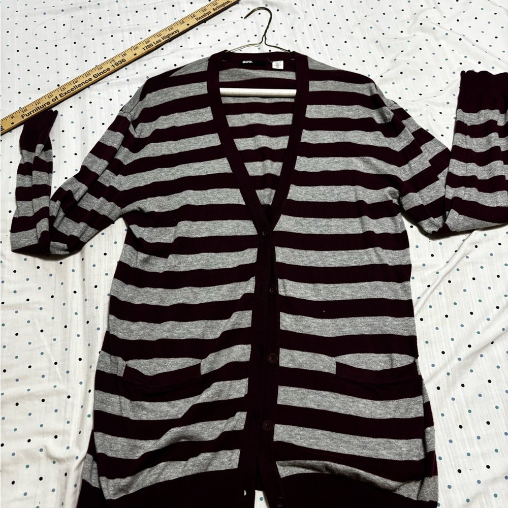 BDG Dark Red and Gray Striped Button Cardigan